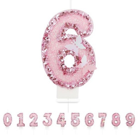 Bougies d'anniversaire Numéro 6,3D Rose Bougie Chiffre 6,Papillon Decoration Gateau Anniversaire,Bougies Gâteau Topper Decoratio