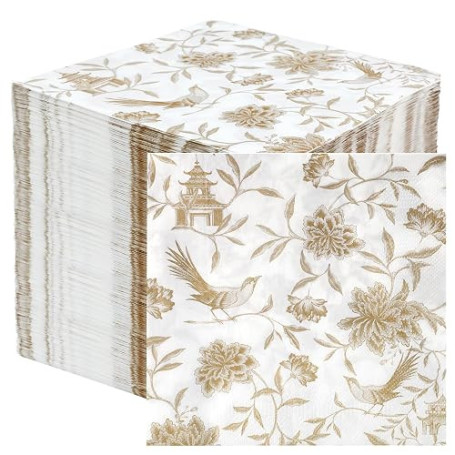 Table Fun 100 serviettes papier Chinoiserie dorées 2 plis 33 cm, serviettes jetables pour anniversaires, mariages élégants et te