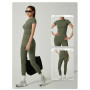 KIKIMINK Ensemble de yoga pour femmes, t-shirts à manches courtes et leggings de yoga pour femmes (vert, L)