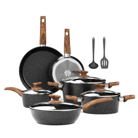 Kitchen Academy Batterie de Cuisine Induction 12 Pièces Antiadhésives | Noir Granite Set de Poêles et Casseroles, 100% Sain et S