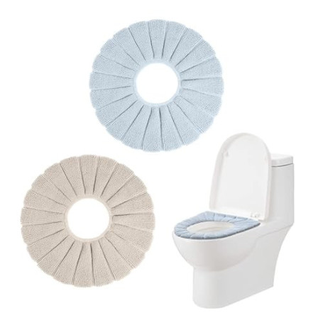 PFLYPF Lot de 2 housses de siège de toilette, douces, chaudes et extensibles, pour siège de toilette, en tricot O (beige, bleu)