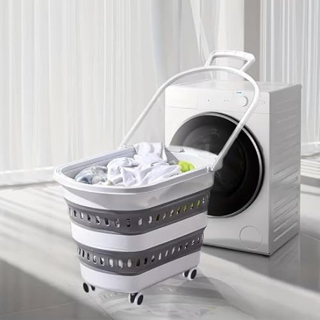 Panier Corbeille à linge retractable et pliable avec roulettes - 45 litres - Blanc Gris