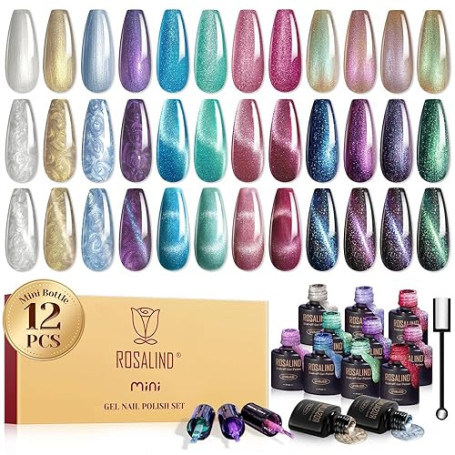 ROSALIND Vernis Semi Permanent Magnétique 12 Couleurs Cat Eye Gel | Vernis Gel UV Semi Permanent avec Bâton Magnétique Or Bleu V