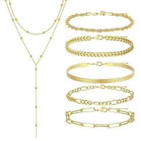 FENQURO 6 Pcs Chaîne longue en Y pour femmes-Collier multi-rangs en acier inoxydable, Bracelet, Bijoux pour femmes, Chaîne longu