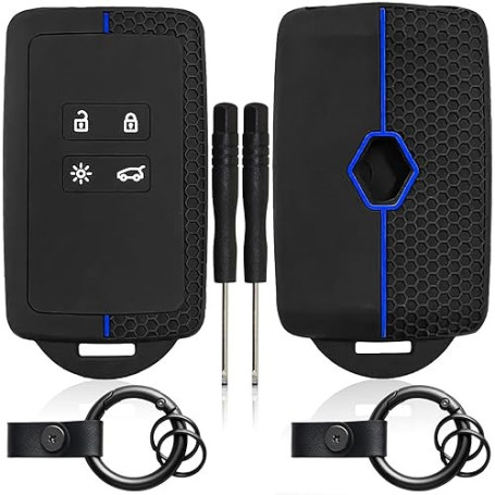 2 Pièces Boîtier pour Clé de Voiture Compatible Re~nault(Ligne Bleue) | Smart Key 4-Bouton avec 2 Porte-clés Coque en Silicone S