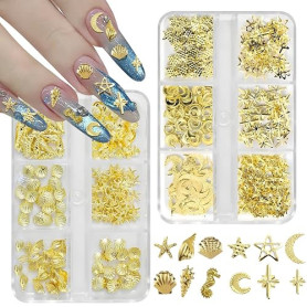 Lot de 2 boîtes de breloques dorées pour ongles, petites étoiles, lune, coquillage, étoile de mer, breloques 3D, bijoux, décorat