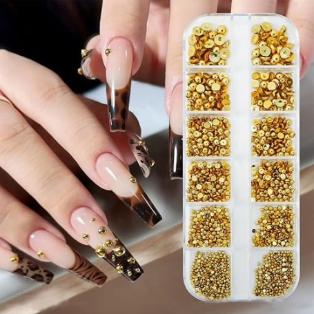 GZMAYUEN 1 Boîte 3D Flatback Perle Ongle Or, Demi-Rondes Métal Perle Bijoux pour Deco Ongle Nail Art