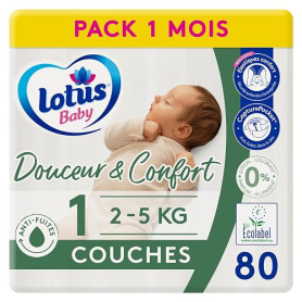 Lotus Baby Douceur & Confort - Couches Bébé Taille 1 (2-5 Kg/Nouveau-né) | Pack 1 Mois - 80 Couches - Doux & Respirant - 0% Loti