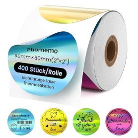 Phomemo Étiquettes Thermiques Rondes 2 Pouces (50mm), Rouleau de 400 à Effet Laser 4 Couleurs - Compatibles avec Imprimantes Pho