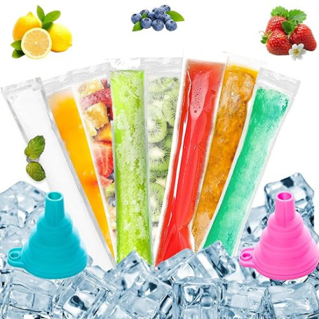 VEGCOO 250Pcs Sacs Popsicle, Moule Sac Popsicle, Sacs de Moules à Glaces, DIY Sac Popsicle avec 2 Entonnoirs pour DIY Glaces,Yao