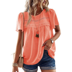 TUUHAW Femme Chemisier Boho Blouse Manches Courtes Col Rond Tunique Fluide | Dentelle T-Shirt, Décontracté Tops, Chemise Chic et