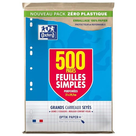OXFORD Feuilles Simples A4 Grands Carreaux Seyès 500 Pages