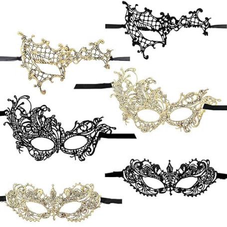 Lusofie Bal Masqué 6 Pièces - Masque De Mascarade Pour Femme Doré Noir - Yeux En Dentelle Pour Mardi Gras, Carnaval, Halloween,