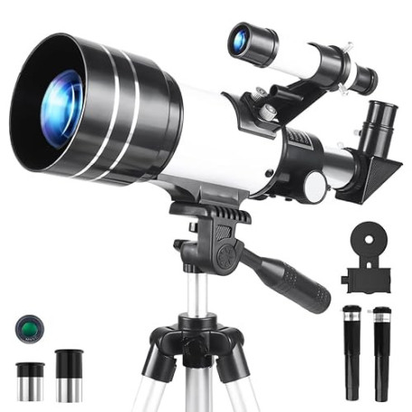 Misilmp Télescope pour Enfants et Adultes, 70MM Ouverture Télescope Réfracteur de 300MM avec Trépied, Viseur 5 x 24, Adaptateur