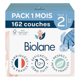 BIOLANE - Couches Bébé Taille 2 (3-6 kg) - Pack 1 Mois - 162 couches | Peaux Sensibles, Ultra-Absorbant, Jusqu'à 12h au Sec, Pas