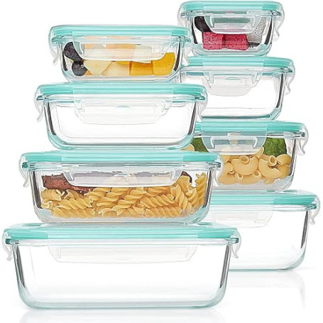 Vtopmart Lot de 16 Boîtes Alimentaires Verre, 8 Récipients et 8 Couvercles | Verre Sain sans BPA, Étanche et Hermétique, Compati