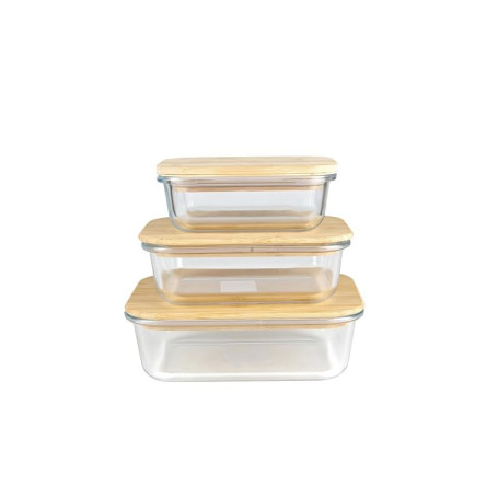 BOITE EN VERRE Lot de 3 boites en verre, couvercles bambou -370 ML, 640 ML & 1050 ML