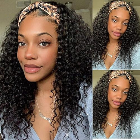 Perruque Bandeau Cheveux Humain - Densité 180% Cheveux Bouclés Brésiliens - Perruque Demi-Tête Half Wig Couleur Noire Naturelle