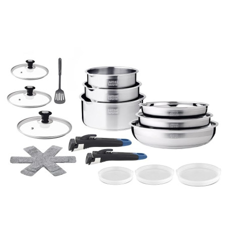 Arthur Martin - Batterie de Cuisine 20 Pièces - Acier Inoxydable 18/10 - Tous Feux Induction - Poêles Ø20/24/26 - Casseroles Ø16