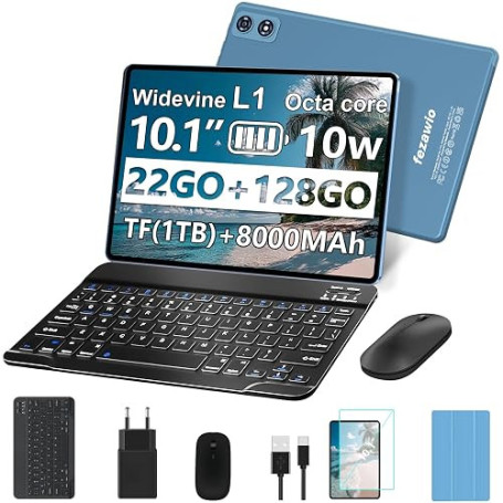 Android Tablette 10 Pouces, 22Go+128Go,Clavier Souris Coque Inclus,Bleu | tablette tactile,Écran HD avec Certification Widevine
