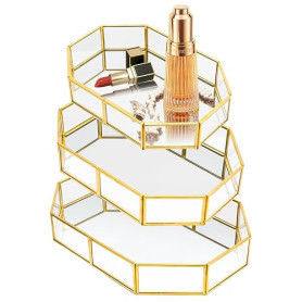 Mulaibdin Lot de 3 Plateau Miroir Doré, Plateau Decoratif Table en Verre, Metal Plateau Salle de Bain, Rangement Parfum Plateau,