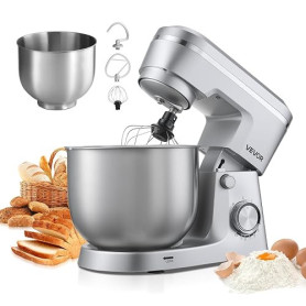 VEVOR Robot Pâtissier 4,2 L et 5,7 L, Batteur sur Socle 1500 W, Mixeur à Pâte 10 Vitesses, Tête Inclinable, Bol en Inox, avec Cr