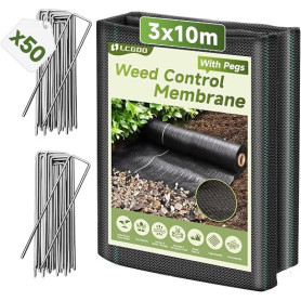 LCGOD Toile de Paillage 1x30m Géotextile Tissé 100g/m² avec 50 Piquets | Haute Densité,Contre les Mauvaises Herbes, Perméable et