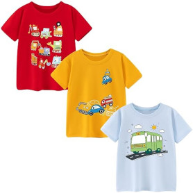 Pilipulu Garçon T-Shirts à Manches Courtes en Coton | Lot de 3 Col Rond Décontracté Haut d'Été pour Enfant Garçon 3-8 Ans
