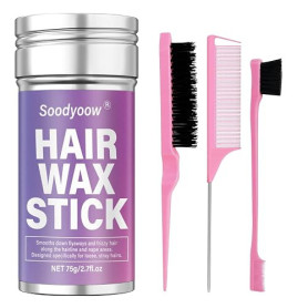 Soodyoow Bâton de Cire pour Cheveux 75g avec 3 Brosses, pour Lisser et Discipliner les Cheveux Rebelles et les Frisottis, Finiti