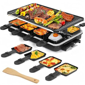 Appareil à Raclette 8 Personnes avec Grille Réversible Antiadhésive, Mini Poêlons en Fromage et Spatule en Bois pour le Barbecue