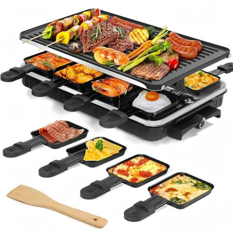 Appareil à Raclette 8 Personnes avec Grille Réversible Antiadhésive, Mini Poêlons en Fromage et Spatule en Bois pour le Barbecue