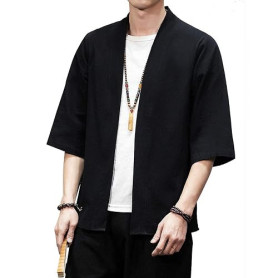 PRIJOUHE Veste kimono légère et décontractée pour homme en mélange de coton et lin à sept manches ouvertes sur le devant