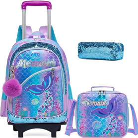 Meetbelify Sac à dos à roulettes pour filles - Sac d'école avec roulettes pour étudiantes - Bagage de voyage - Valise sirène ble