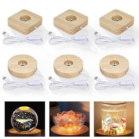 6 Pièces Socle Lumineux Led En Bois, Base Led Lumineuse Support LED, Base D'affichage Lumineuse avec Interrupteur USB, Socles LE