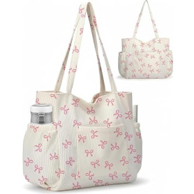 Vesavifaka Grande Sac Shopping en Côtelé pour Femmes – Joli Sac à Épaule Aesthétique, Sac en Toile Réutilisable avec Fermeture É