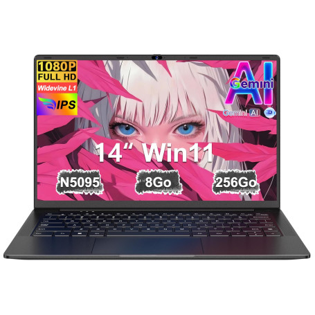 Ordinateur Portable 14 Pouces Celeron N5095 (jusqu'à 2,9 GHz) Win11 8Go 256Go SSD Extension 1To 5G WiFi FHD HDMl PC Portable ave
