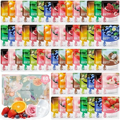Masque Visage Hydratants, Coffret Cadeau Femme de 60 Masques Tissu Visage | 10 parfums Beauté Femmes Masque visage, soin visage,