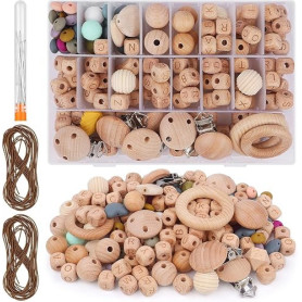 Lot de 204 perles en bois de hêtre - Pour attache-tétine | Boules rondes en bois naturel avec trou à enfiler - Perles en bois -