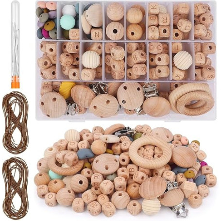 Lot de 204 perles en bois de hêtre - Pour attache-tétine | Boules rondes en bois naturel avec trou à enfiler - Perles en bois -