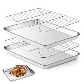 JOSTIVE Plaque de cuisson en acier inoxydable, cadre de cuisson rectangulaire (2 plaques de cuisson + 2 grilles de refroidisseme