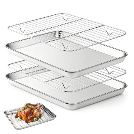 JOSTIVE Plaque de cuisson en acier inoxydable, cadre de cuisson rectangulaire (2 plaques de cuisson + 2 grilles de refroidisseme