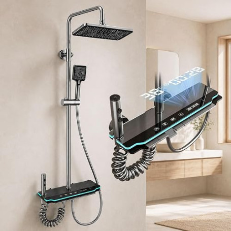 TEKXDD Colonne de Douche Thermostatique Titanium 4 en 1 | Colonne de Douche avec Mitigeur | Écran LED | Effet Pluie 30cm | Haute