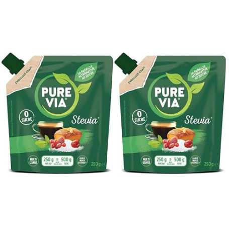 Pure Via - Doypack Poudre Cristallisée - Stevia - Zéro Sucre - 250g - Lot de 2