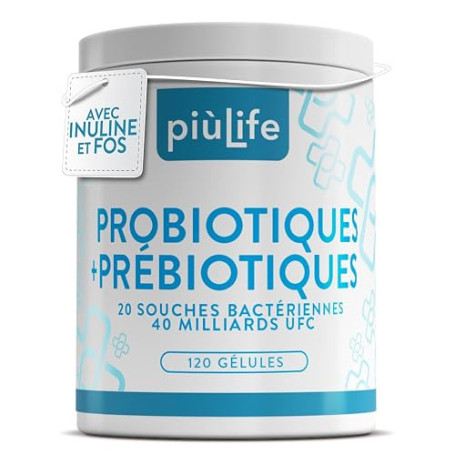 Probiotique Flore Intestinale PiùLife Avec Prebiotiques – 120 Gélules | 40 Milliards UFC Dose, 20 Souches, Bifidobacterium Et La