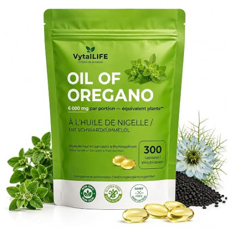 Huile d’Origan & Huile de Nigelle – 300 Gélules (Cure 5 Mois) – 6000 mg Haute Concentration – Soutien Immunitaire Naturel & Bien