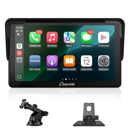 Carpuride Autoradio Portable sans Fil Carplay et Android Auto, 7 Pouces écran Tactile HD 1080p de avec BT 5.0, Support de Liaiso