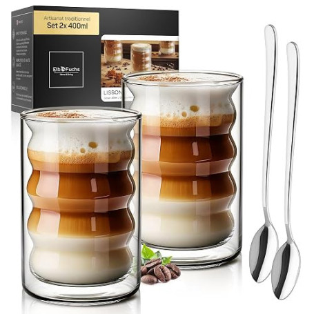 ElbFuchs® Set de tasse double paroi Latte Macchiato [2×400 ml] verres isothermes transparents avec cuillères | pour cappuccino,