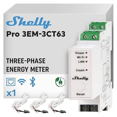 Shelly Pro 3EM-3CT63 - Compteur électrique Monophasé/Triphasé, 4 Fils, Montage sur rail DIN, Compteur Système photovoltaïque, Pi