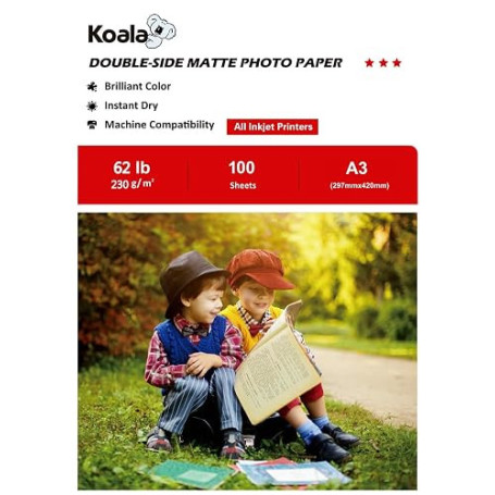 KOALA Papier Photo Double Face Mat pour imprimante à Jet d'encre, A3, 230 g/m², 100 feuilles. Convient pour l'impression de Phot