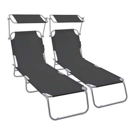 vounot® Lot de 2 Chaise Longue avec Pare Soleil Bain de Soleil Pliable Tissu Polyester Inclinable 4 Positions Transat Charge Max